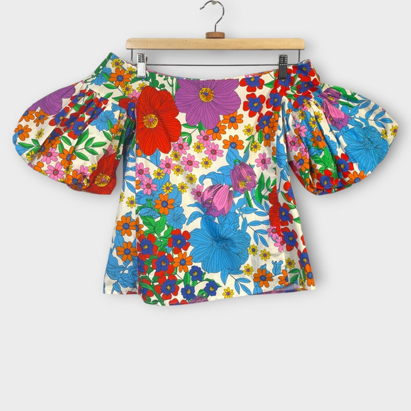 H&M Floral Print Womans Top Bright Flowers Garden Puff Sleeve 100% Cotton SZ 4 - Picture 3 of 12